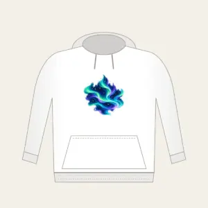 Northern Lights over Starry Navy Hoodie in white: Flowing aurora bands in green, teal and violet sweep over a deep navy sky dotted with tiny stars.