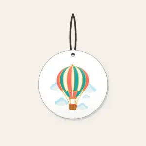 Striped Hot Air Balloon Ceramic Ornament in white: A hot air balloon with coral, teal and gold stripes drifts above small clouds, a tiny basket below.