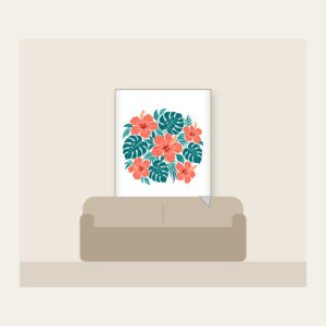 Coral Hibiscus and Monstera Leaves Fleece Blanket in white: Coral hibiscus flowers and teal monstera leaves repeat across a cream ground.