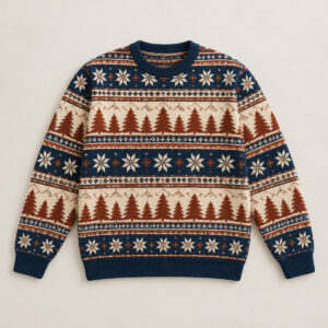 Midweight Alpine Border Sweater with all-over alpine border bands of stars and pines in cream, rust and navy