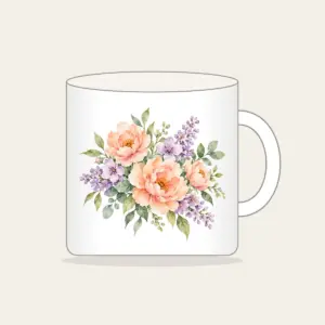 Watercolor Blooms in Peach and Lilac Mug in white: Gentle watercolor blooms in peach, lilac and sage bleed softly across white space.