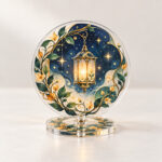 Lantern Garden Acrylic Spinning Standee with round standee face with a lantern and small stars on a base of vines in amber, green and navy