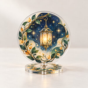 Lantern Garden Acrylic Spinning Standee with round standee face with a lantern and small stars on a base of vines in amber, green and navy