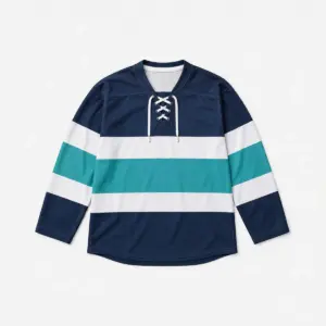 Glacier Stripe Hockey Jersey with glacier-colored stripes in white, teal and navy across the chest and sleeves
