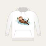 Floating Otter on Teal Ripples Hoodie in white: A cocoa-brown otter floats on its back in teal ripple lines beside two reed leaves.