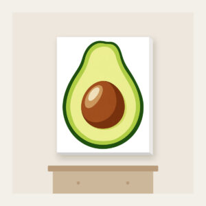 Halved Avocado Study Canvas Print in white: An avocado cut open in leaf green, with a warm brown pit and a pale cream highlight.