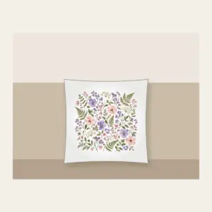 Pressed Posies and Ferns Pillow in white: Pressed-flower posies and ferns in lilac, blush and sage arranged all over a cream ground.