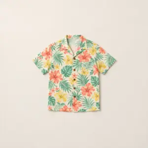 Tropic Sorbet Pocket Regular Fit Hawaiian Shirt with all-over hibiscus and palm leaves in coral, mint and lemon on cream