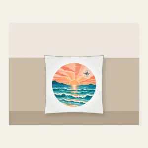 Coastal Sunrise Bands with a Compass Rose Pillow in white: Bands of peach, coral and teal show a coastal sunrise, with tiny waves and a small compass rose.