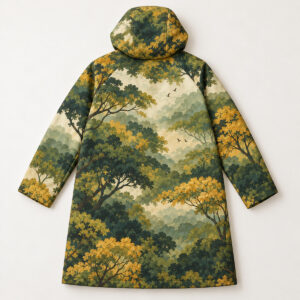 Back view of a long hooded coat with an autumn woodland canopy print.