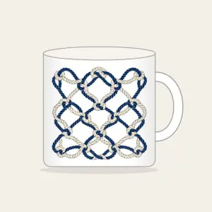 Navy Rope Knot Lines Mug in white: Rope knot lines weave across the artwork in navy and cream.