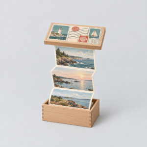 Postcard Memory Pull-Out Box with a pull-out box printed with vintage postage stamps and a wavy postmark in teal, cream and red