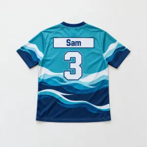 Lakeside Stripe Jersey with Name Patch with wave stripes across the chest in teal, navy and white with a rectangular name patch area, short word "Sam", number "3"