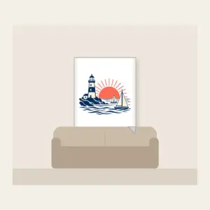 Lighthouse and Two Sailboats Fleece Blanket in white: A navy lighthouse, two cream sailboats outlined in navy and a coral rising sun.