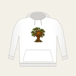 Oak Treehouse with Glowing Lantern Hoodie in white: A treehouse in an oak tree with a glowing lantern in brown, green and amber.