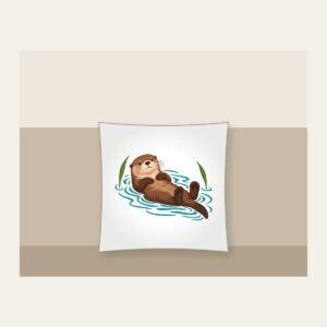 Floating Otter on Teal Ripples Pillow in white: A cocoa-brown otter floats on its back in teal ripple lines beside two reed leaves.