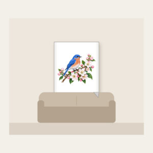 Bluebird on a Blossom Branch Fleece Blanket in white: A small bluebird rests on a branch of cobalt, white and pale pink blossoms.