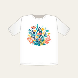 Tropical Fish School and Seaweed on Navy T-Shirt in white: A school of small tropical fish and seaweed in coral, yellow and teal swims on navy.