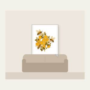 Honeycomb Grid with Bees and Clover Fleece Blanket in white: A hexagonal honeycomb grid with three small bees and tiny clover blossoms in gold and brown.