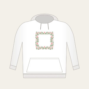 Sage Vine and Tulip Border Hoodie in white: A border of curling sage vines and blush tulips around an empty center.