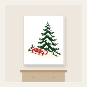 Red Sled on a Snowy Hill Canvas Print in white: A small red sled on a snowy hill beside a tall pine in cream, red and green.