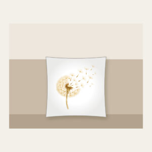 Dandelion Seeds Drifting Away Pillow in white: A dandelion seed head with its seeds drifting away in cream and pale gold.