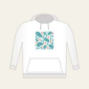 Palm Shadows and Tiny Surfboards Hoodie in white: Palm-leaf shadows and tiny surfboards in teal and coral on cream.