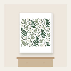 Fern and Berry Repeat Canvas Print in white: A repeat of ferns and tiny berries in sage, deep green and cream.