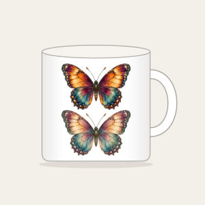 Amber Plum Watercolor Butterfly Mug in white: A butterfly with watercolor-style wings in amber, plum and teal, traced with delicate vein linework.