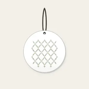 Sage Lattice Diamonds with Tiny Blossoms Ceramic Ornament in white: A lattice of diamonds in sage and cream is dotted with tiny blossoms.