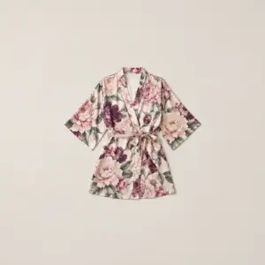 Satin Peony Garden Women's Robe with all-over peonies and leaves in blush, plum and sage