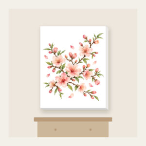 Peach Blossom Branches on Cream Canvas Print in white: Peach blossoms and slender branches in peach, rose and pale green rest on a glossy cream ground.