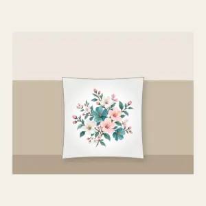 Teal Blossom Scatter Pillow in white: Small blossoms in teal, white and pale pink scattered across a pale grey ground.
