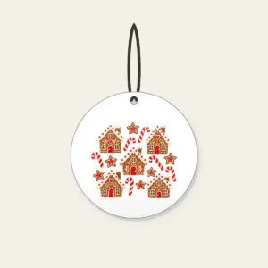 Gingerbread Houses and Candy Canes Ceramic Ornament in white: Little gingerbread houses, candy canes and stars dance across cream in brown and red.