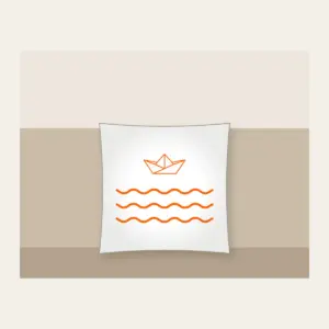 Paper Boat on Ripples Pillow in white: A folded paper boat on three ripple lines in white and orange.