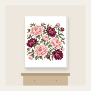 Peony Lace Garden Canvas Print in white: Peony blooms and leaves in blush, plum and sage on cream with a lace-look border.