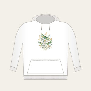Dragonflies over Meadow Grasses Hoodie in white: Teal and gold dragonflies hover over fine meadow grasses.