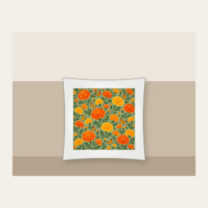 Marigolds and Butterflies on Sage Pillow in white: An all-over repeat of marigolds and small butterflies in orange and yellow on a sage ground.