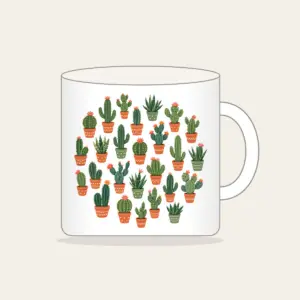Potted Cacti in Terracotta Mug in white: Potted cacti in terracotta and green repeat on a cream ground.