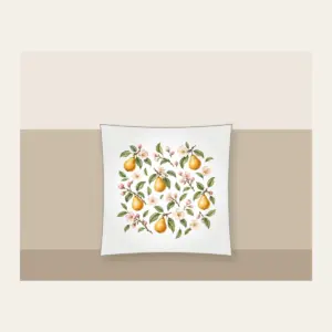 Golden Pears and Blush Blossoms Pillow in white: Small golden pears, blush blossoms and sage leaves scatter across an airy white ground.