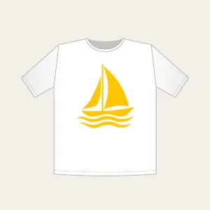 Little Sailboat on Three Ripples T-Shirt in white: A white and yellow sailboat glides above three ripple lines.