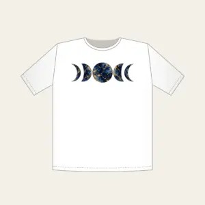 Gold-Veined Navy Marble with Moon Phases T-Shirt in white: A marbled navy field with gold veining and a row of five moon phases in the center.