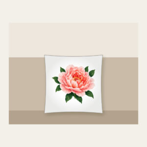 Full-Blown Peony with Green Leaves Pillow in white: A full-blown peony in blush and coral with deep green leaves.