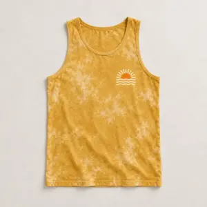 Gold Sunset Bleached Men's Tank with compact front chest panel print of a half sun with three wave lines in cream and orange, designed to sit quietly on a bleach-effect tank in Gold