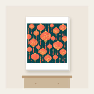 Coral and Gold Paper Lantern Night Canvas Print in white: Paper lanterns in coral and gold with fine strings across deep teal.