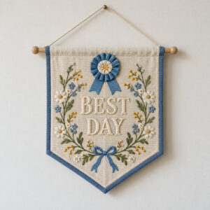 Blue embroidered pennant with a ribbon rosette and the words BEST DAY
