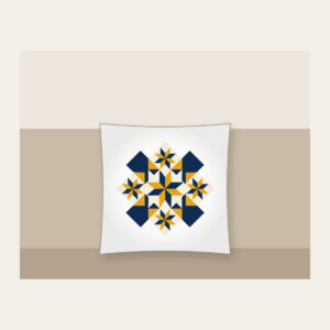 Mustard and Navy Patchwork of Stars Pillow in white: A patchwork of stars and diamonds in navy, mustard and cream.