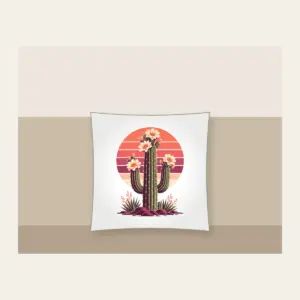 Flowering Saguaro and Striped Sun Pillow in white: A flowering saguaro cactus stands against a striped sunset sun in coral, plum and cream.