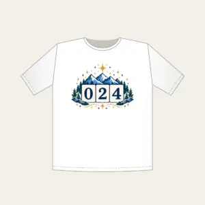 Mountain and Star Border with 024 T-Shirt in white: A border of mountains and stars surrounds a three-digit counter reading 024.