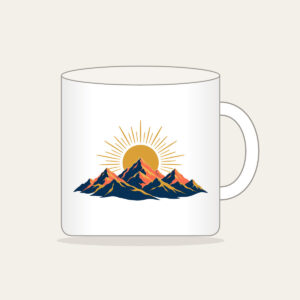 Mountain Range with a Golden Sunrise Disc Mug in white: A mountain range at sunrise with a golden sun disc at the center in navy, coral and gold.